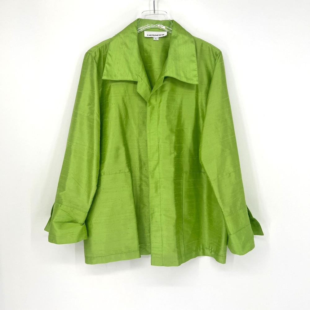 Caroline Rose Jacket Womens L Green Silk Vibrant Shimmer Collared Dressy